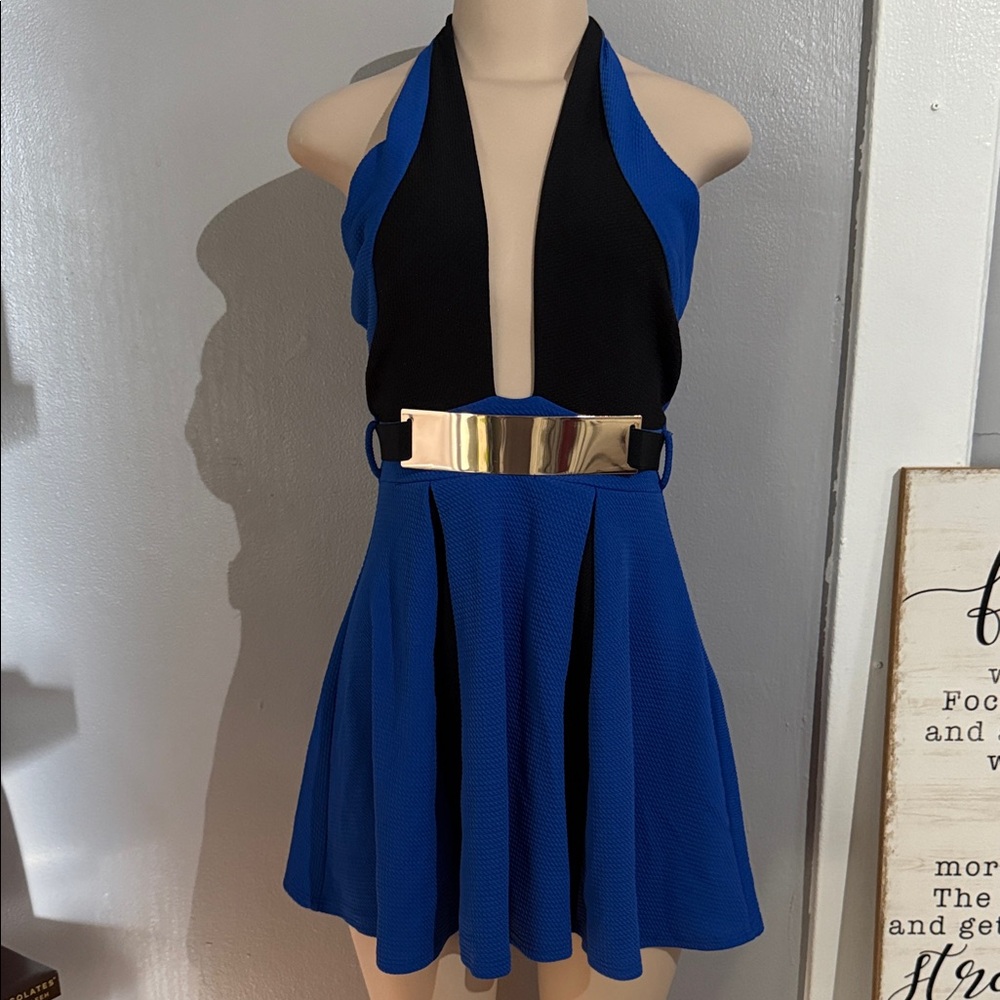 Elegant Blue and Black Halter Dress